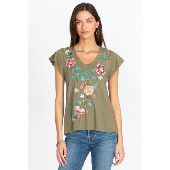 Johnny Was Grace Flutter Sleeve Tee Shirt Moss Green XXL Top Short Floral NEW